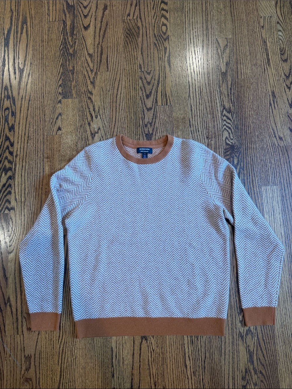 Nordstrom Rust Orange Chevron Print 100% Cashmere Crew Neck Sweater S